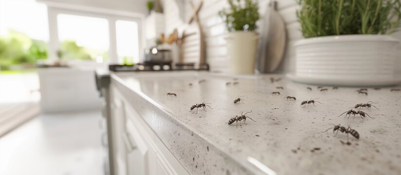 A clean modern domestic kitchen countertop near storage pantries