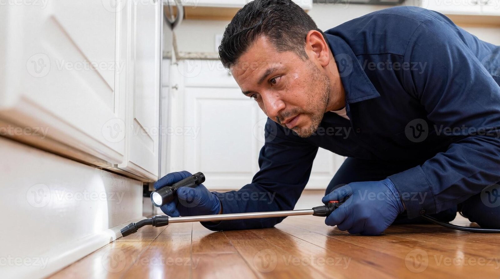 rodent removal service provider technician with flashlight inspecting kitchen baseboards and applying treatment