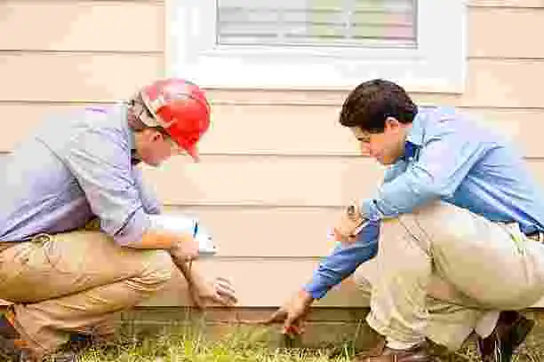 Exterminator Services professional inspecting the exterior foundation of a home for pest entry points